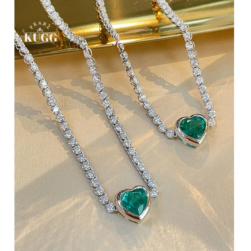 KUGG 100% 18K White Gold Necklace Elegant Heart Shape Luxury Diamond Natural Emerald Necklace for Women High Wedding Jewelry