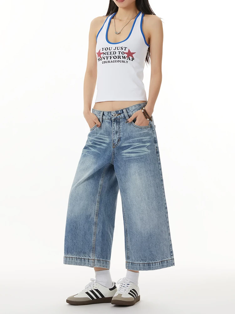 

Washed Wide Leg Jeans Women Summer New High Street Loose Casual Shorts Cleanfit Style Natural Waist Straight Tube Jeans