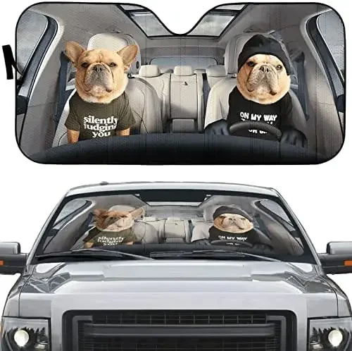 Katholieke Franse Bulldog Duo Driving Friends 3D Autozonnescherm, Cadeau voor Frenchie Lover, Voorruit Duurzaam Materiaal Auto Vizier Uv