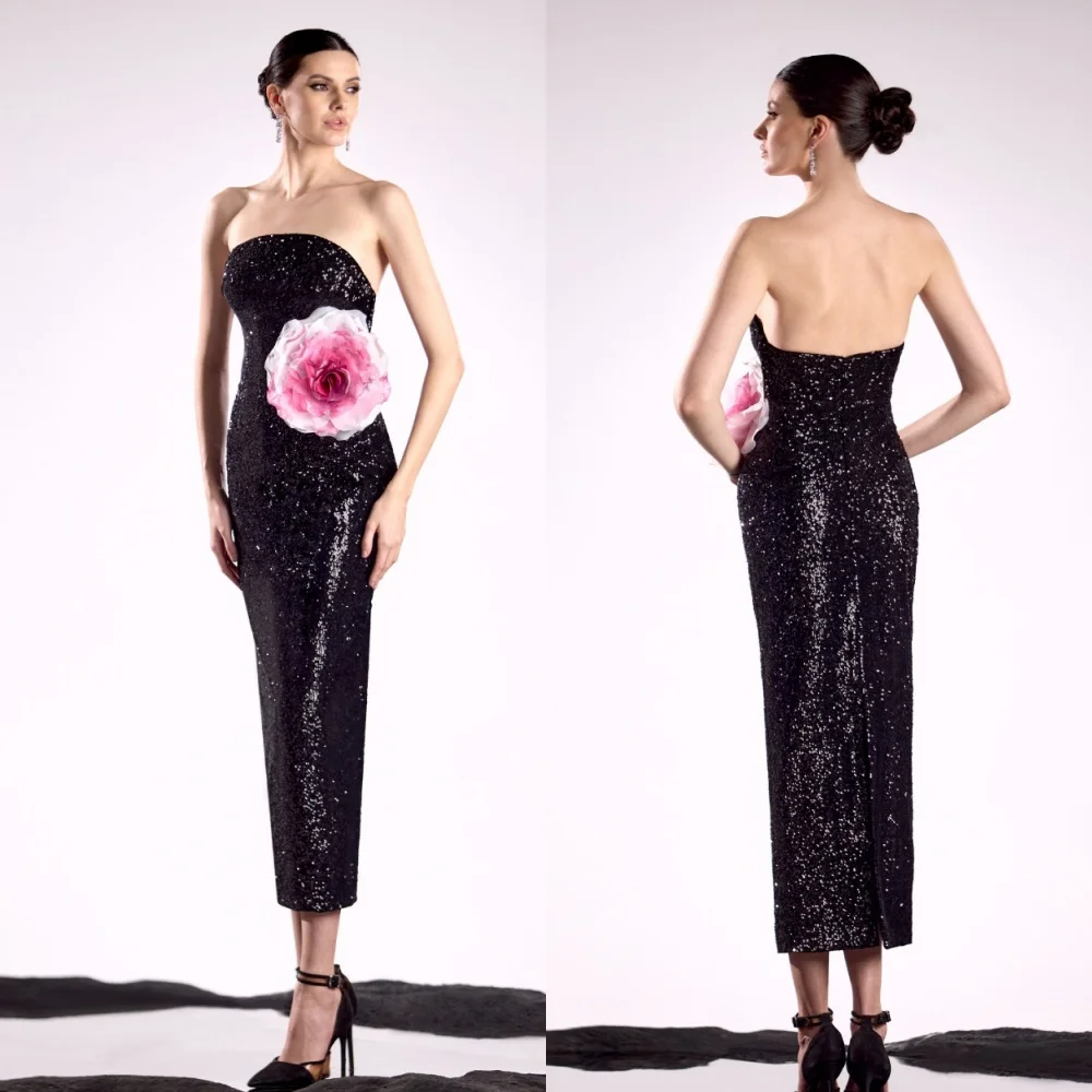 

Customized Evening Sequin Handmade Flower Cocktail Party A-line Strapless Bespoke Occasion Gown Midi Dresses