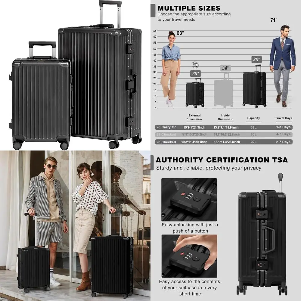 Aluminum Frame Carry-On and Checked Luggage Set - PC ABS Hard Shell TSA Lock No Zipper, Black, 20/28 Inch Travel Suitcases