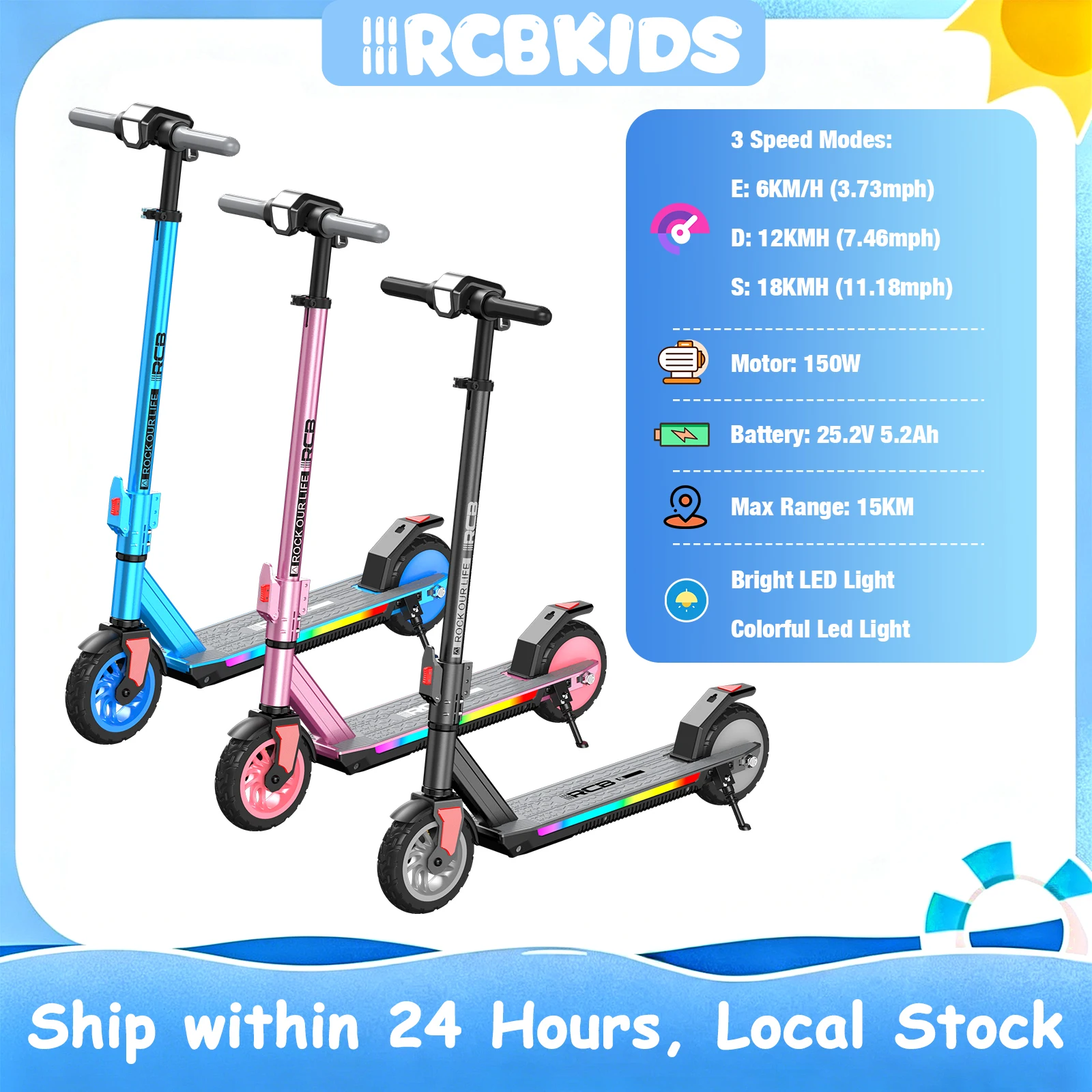 RCB KIDS Elektro Scooter Kinder 6-12 Jahre R12 PRO 150W Motor bis 18km h Klappbar 3-fach Höhenverstellbar 15km Reichweite 7 Zoll Vollgummireifen LED Farbdisplay Umgebungslicht Max 60kg