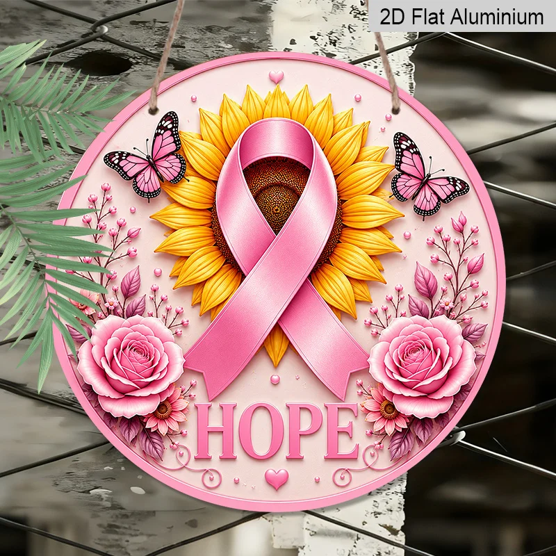 2D Flat, 1pc Breast Cancer Round Aluminum Hanging Sign, Breast Cancer Hope Pink Ribbon Pink Rose Butterfly Metal Wall Decor