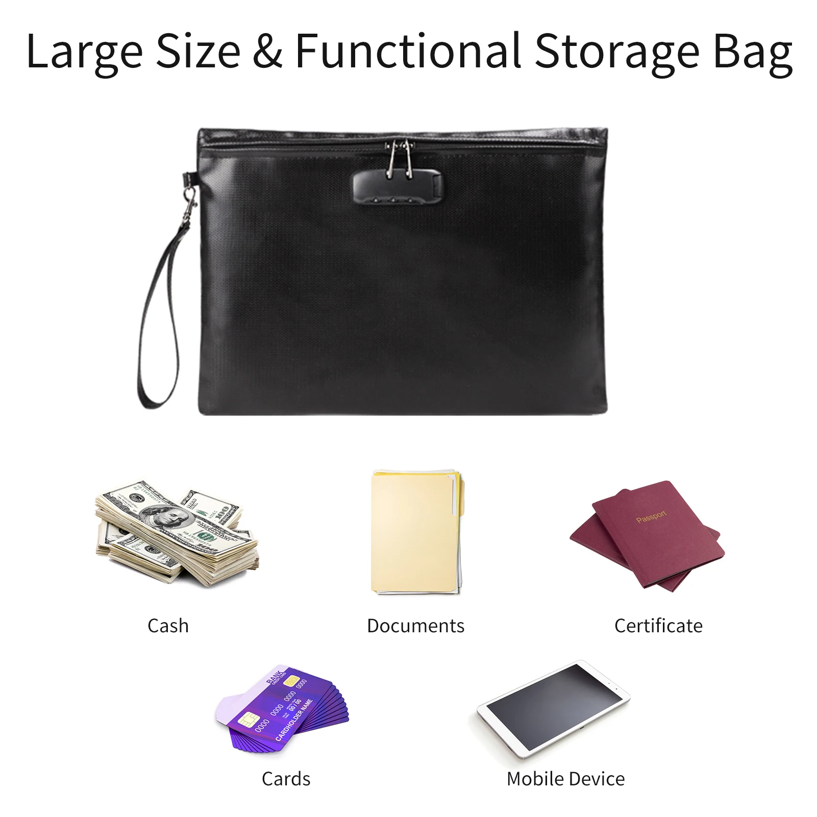 Fireproof Document Bag com Lock, Money Safety Organizer, Zipper Closure, Storage Pouch, Bolso com 10 Cards Slot para A4 File