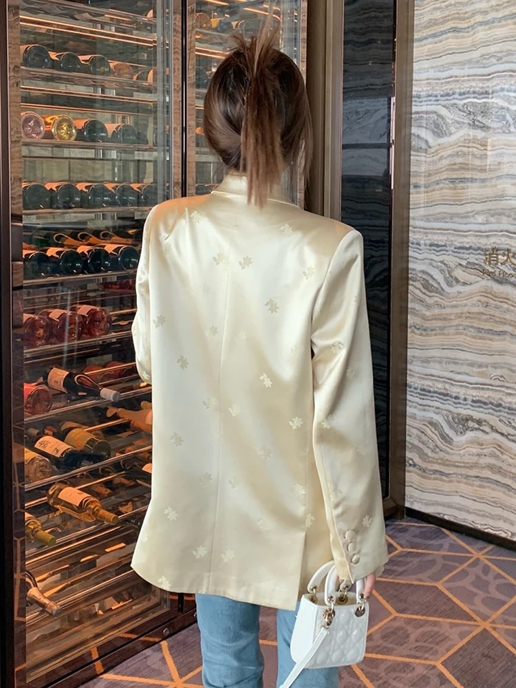 New Fashion Light Golden Satin Print Design Blazer for Women 2024 Spring Vintage Loose Casual Wide Lapel Suit Acetate Jacket