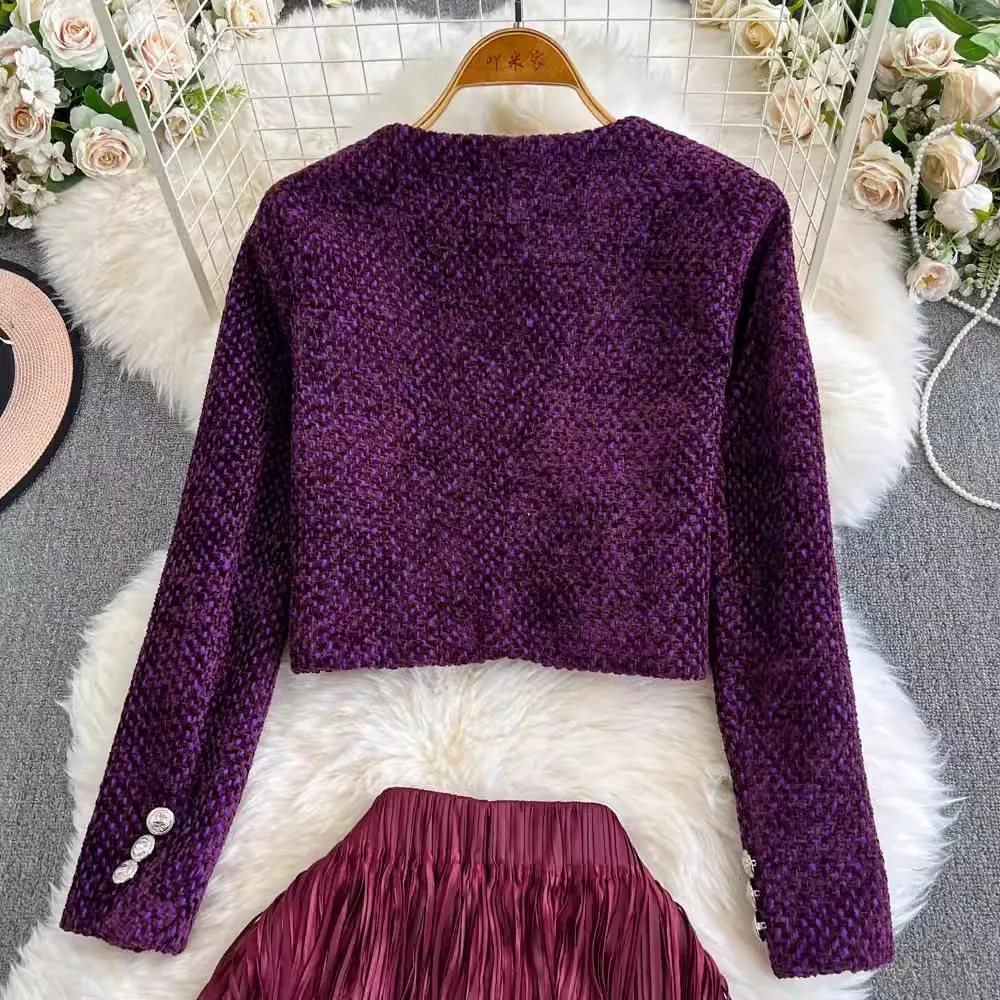 High Quality Women Winter Autumn 2 Piece Set Tweed Short Jacket Coat Fashion Vitnage+Tassel Elastic Waist Skirts Sets