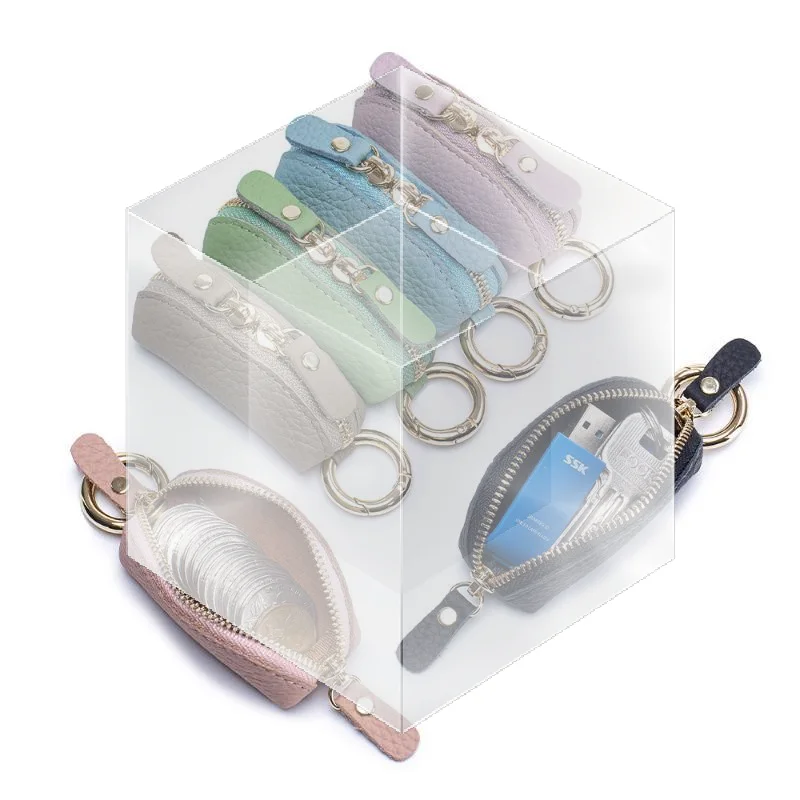 Mini Leather Coin Purse With Key Ring Minimalist Zipper Pouch For Men Women Small Portable Genuine Leather Change Holder