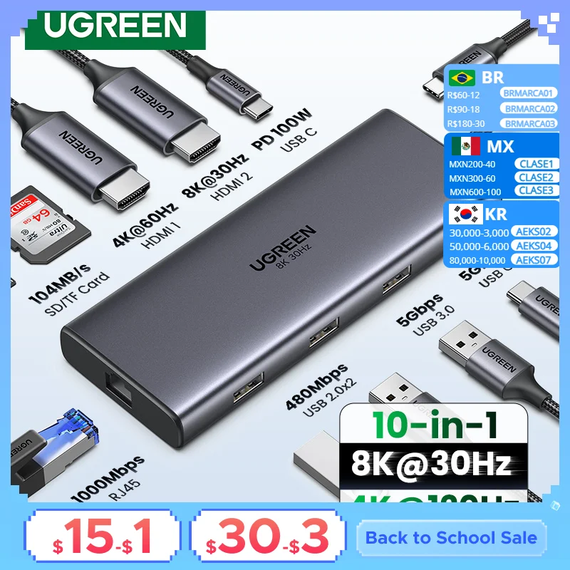 UGREEN Dual HDMI USB-C HUB 8K 4K HDMI Adapter 10 in 1 Splitter with RJ45 USB3.0 PD 100W Dock for MacBook Pro Air Laptop USB HUB