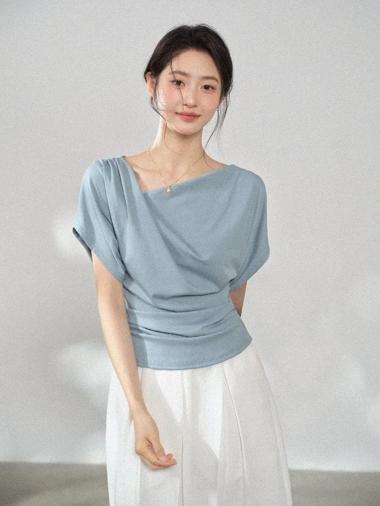 Women Draped Neck T Shirt Batwing Sleeve Top Slim Waist Cinched Tee Elegant Soft Summer Casual Commuter Outfit Lady Chic Style