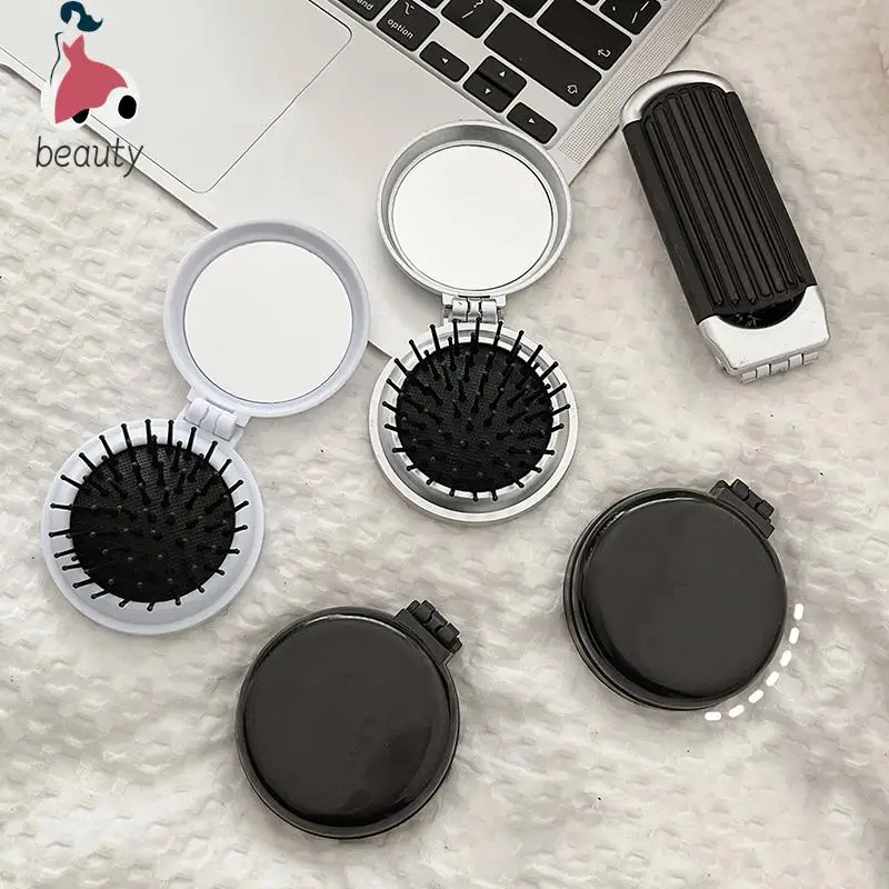 Mini peine de masaje de bolsillo plegable para niña, cepillo de pelo de viaje antiestático portátil, peines de pelo con espejo de maquillaje