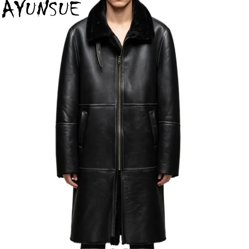 AYUNSUE Natural Sheepskin Shearling Jacket Real Fur Coat Man Jacket Thick Men's Winter Coat Mid-length Outerwear 103cm Plus Size