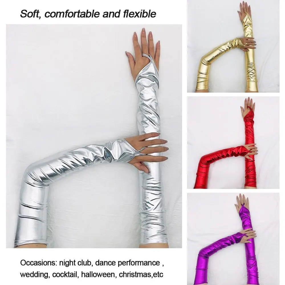 Manoplas sexis finas y largas de Color sólido para espectáculo en club nocturno, guantes de cuero Pu para Cosplay, mitones sin dedos, guantes de cuero con manga para brazo