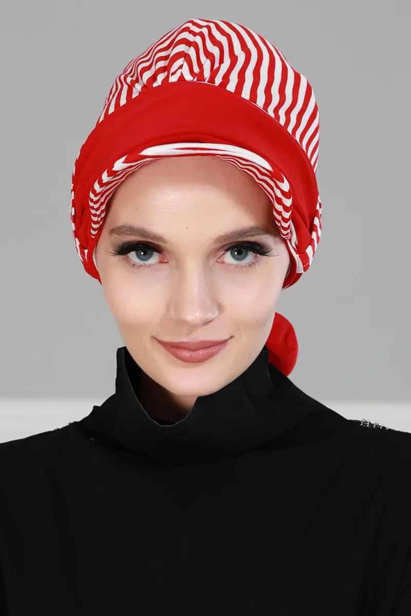 

Chiffon belted hat striped Bone red