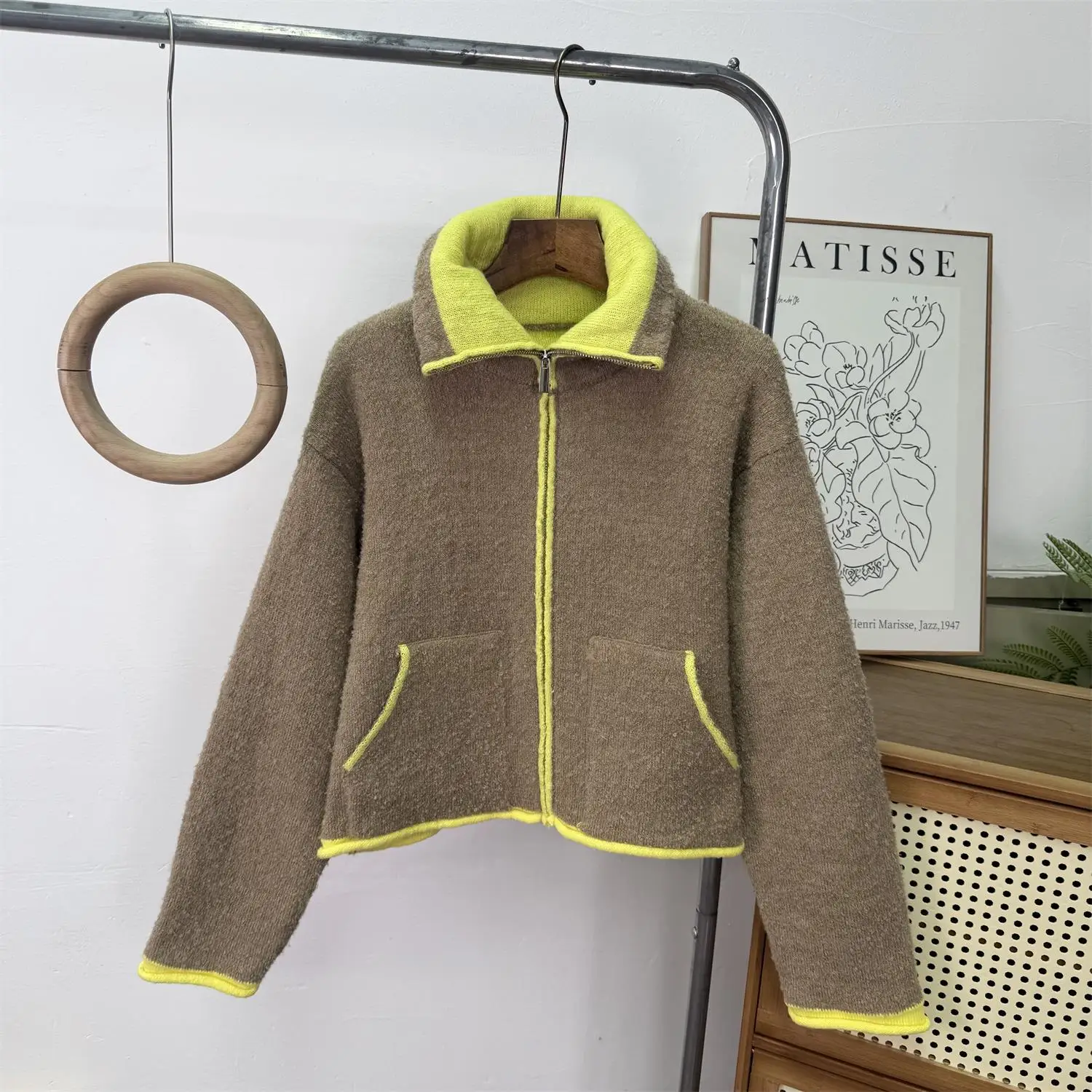 

WMXZ Осенний новый повседневный вязаный кардиган для женщин с воротником-стойкой, в стиле колор-блок, многослойная верхняя одежда, длинный рукав, на молнии