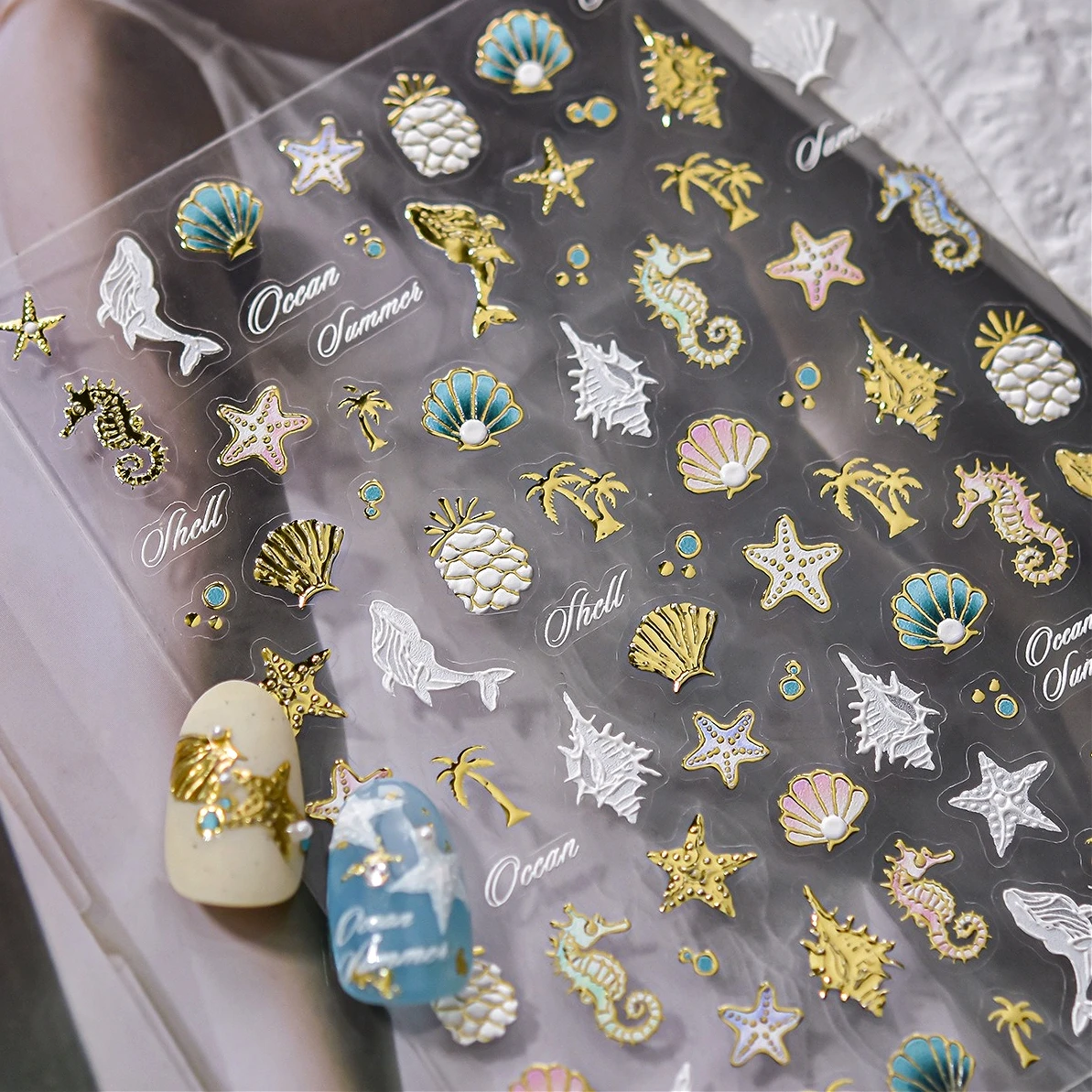 Hot Stamping Seahorse Dolphin Shell Conch Starfish Coconut Tree Jackfruit Water Bubbles Ocean Nail Art Stickers Manicure Decals - Image 3