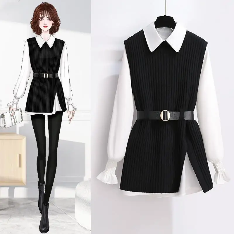 Two Piece Set for Women Autumn Winter Fashion Slit Elegant Knitted Sweater Vest White Chic Long Sleeve Shirts Office Lady Outfit