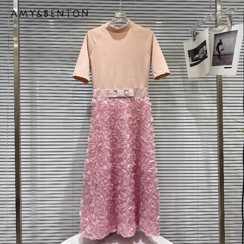 

Temperament Three-dimensional Flower Splicing Short-sleeved Women's Dress 2026 Spring Summer Sweet Elegant Long Dresses Ladies