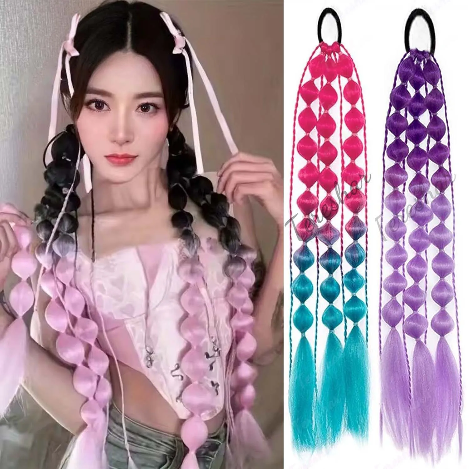 

Synthetic 1Pcs Colored Long Lantern Bubble Braid Ponytail Hair Extension Elastic Rubber Bands Hairpiece for Women