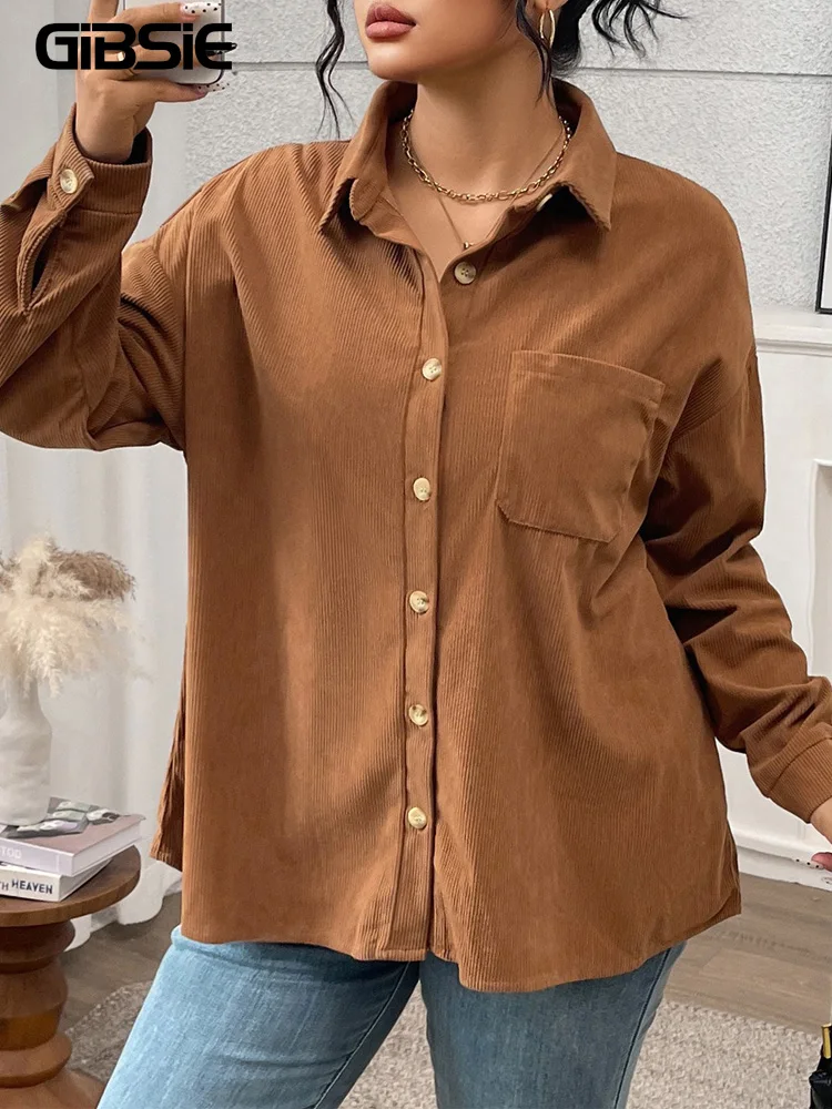 GIBSIE حجم كبير الصلبة واحدة الصدر سروال قصير قميص سترة المرأة 2025 الخريف والشتاء ملابس خارجية عادية كم طويل بلايز #1