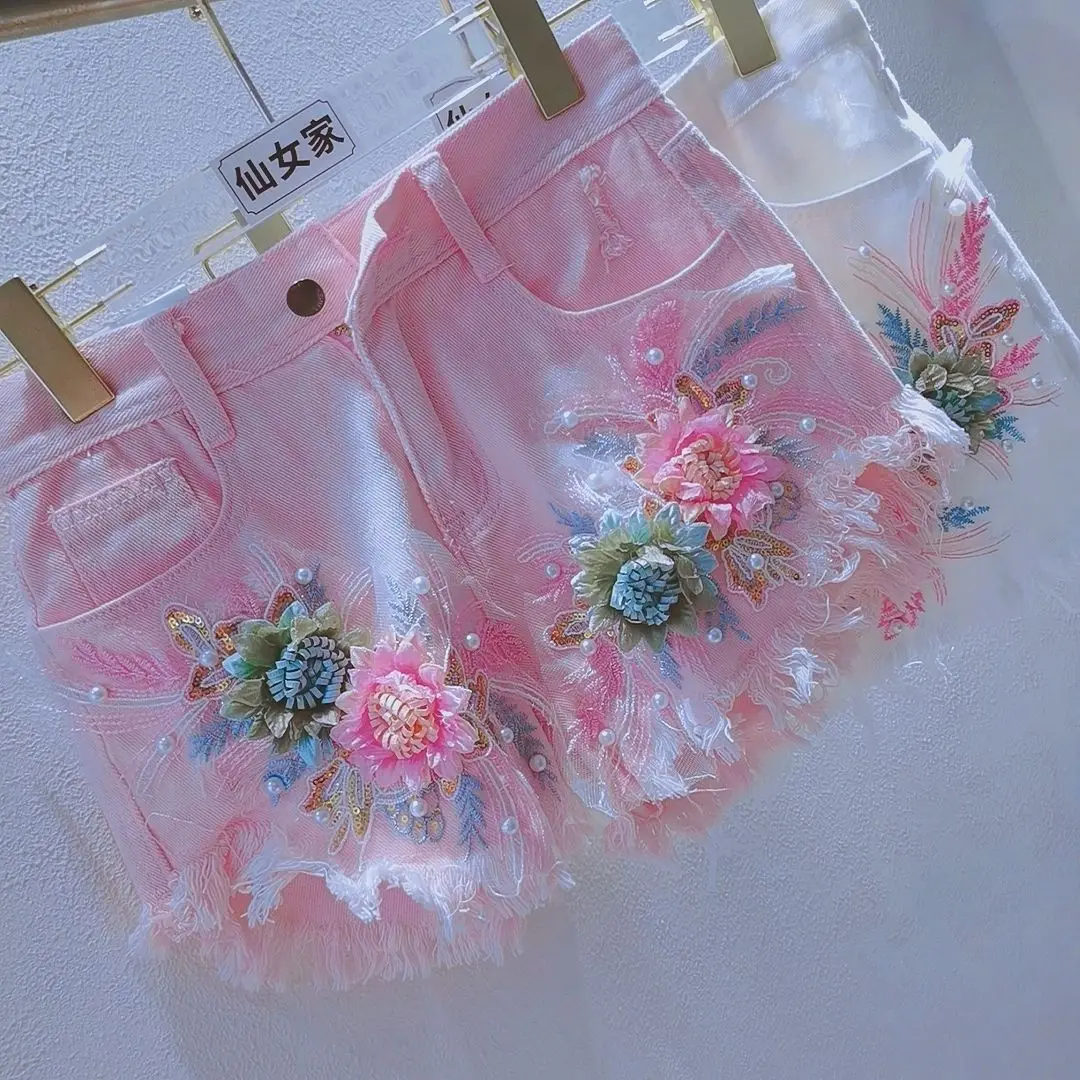 Heavy Industry Beading 3d Flower Patchwork Tassel Ripped Jeans Summer New Sweet Cool Girl Hip-hugging Denim Shorts Y2k Shorts view 4