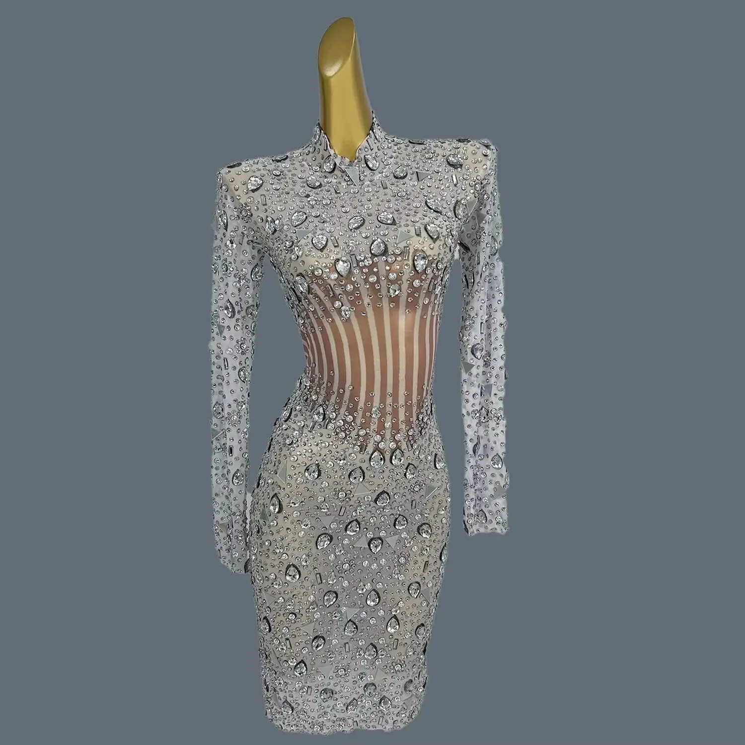 Rhinestones หรูหรา Sparkly สั้นชุดผู้หญิงพรหมฉลองชุดราตรีเซ็กซี่ดูผ่านตาข่ายนักร้องแสดงเวทีสวมใส่ Weibai