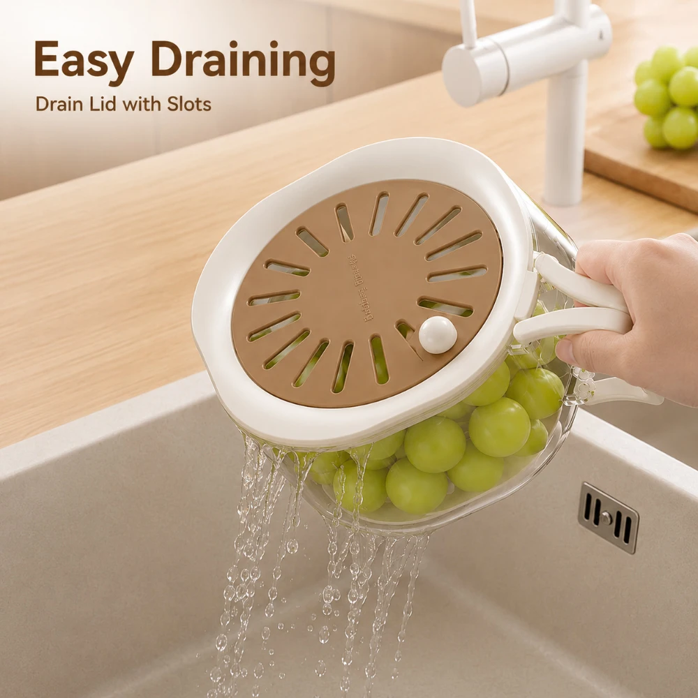 Fruit Vegetable Drain Basket with Lid and Handle Plastic Refrigerator Storage Container Stackable Colander for Kitchen Produce