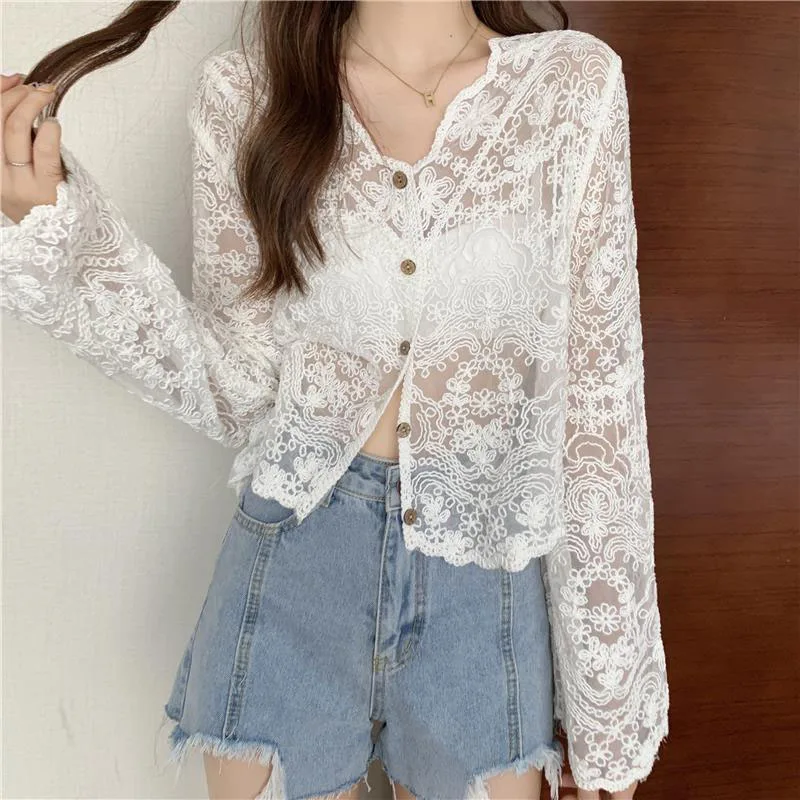 Xpqbb Retro Hook Flower Hollow Out Women Blouse Elegant Lace Long Sleeve V-neck Shirts Woman Button Up Thin Sun Protection Tops