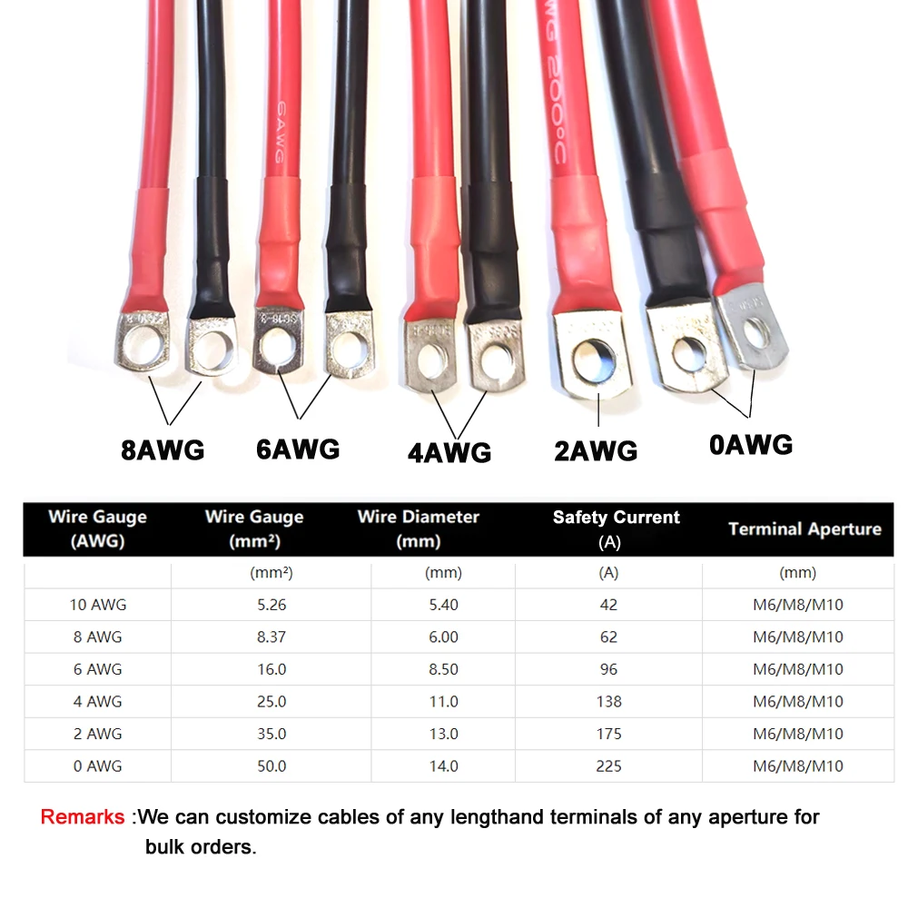 8AWG 6AWG 4AWG 0AWG Car Battery Cable Silicone wire With Lug Ring M6 M8 M10 Terminal cable Black Red wire  For Inverter Battery