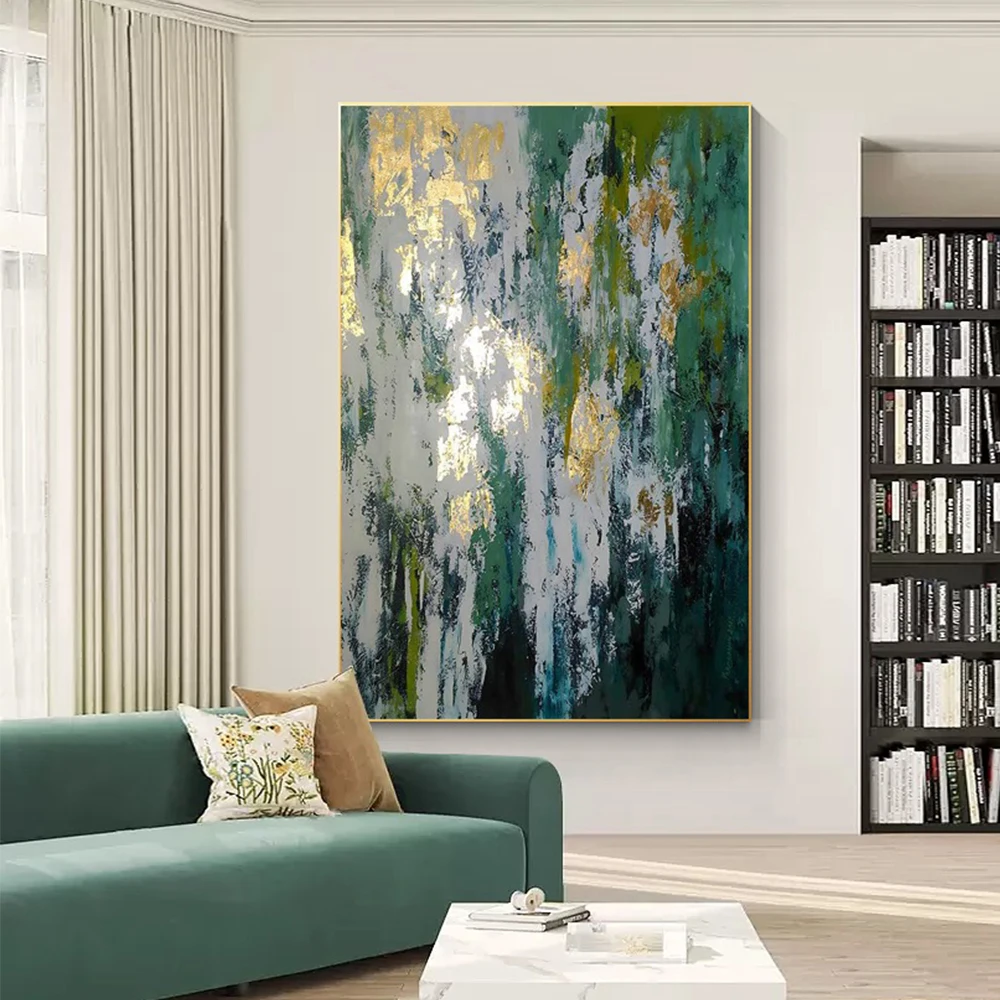 

Drop Shipping Hand Painted Gold Foil And Green Painting Abstract Green Canvas Wall Art Painting For Living Room Decor Wholesale