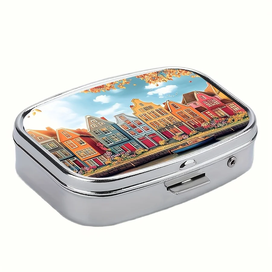 European-Style Pill Box, Autumn Canal Design, Made of Food-Grade Plastic and Metal, Portable for Travel and Daily Use — the Perfect Gift for Elders and Travelers, Unisex, Can Hold Vitamins, Decorative Pill Box with Safety Lock Design