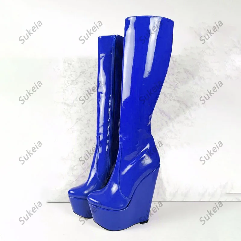 Sukeia Handwork Women Winter Knee Boots Patent Wedges Heels Round Toe Fabulous Red Green Blue Club Shoes Ladies US Size 5-20