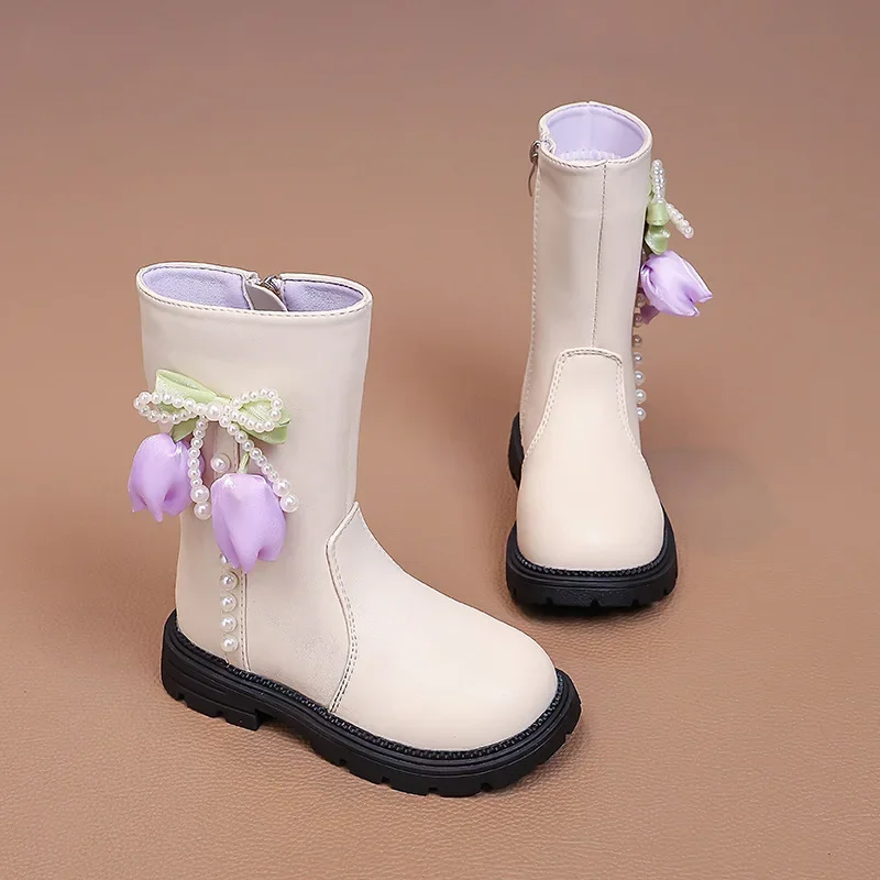 

Новинка 2023 года, повседневные ботинки на молнии для девочек, модные универсальные нескользящие короткие ботильоны средней длины с цветочным бантом и украшением