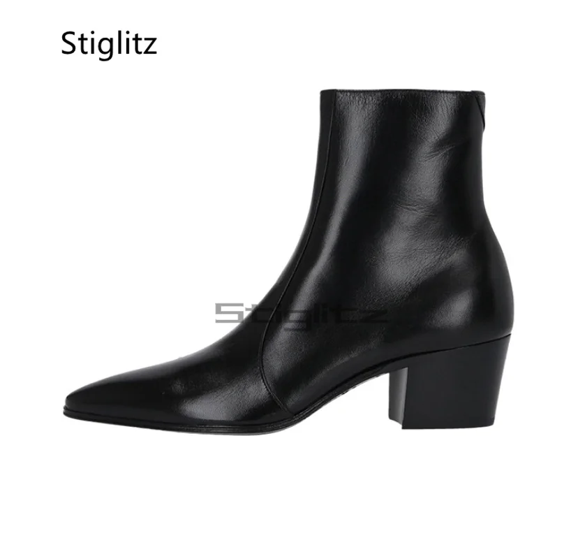 High Heels Men's Ankle Boots Black Pointed Toe Zip Genuine Leather Chelsea Boots British Style Luxury Business Wedding Shoes