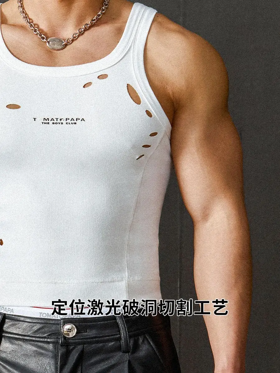 2025 Brand American Vest Spring and Summer New Slim-fit Custom Burning Holes Show Body Training Fitness Sports Men Tank Tops