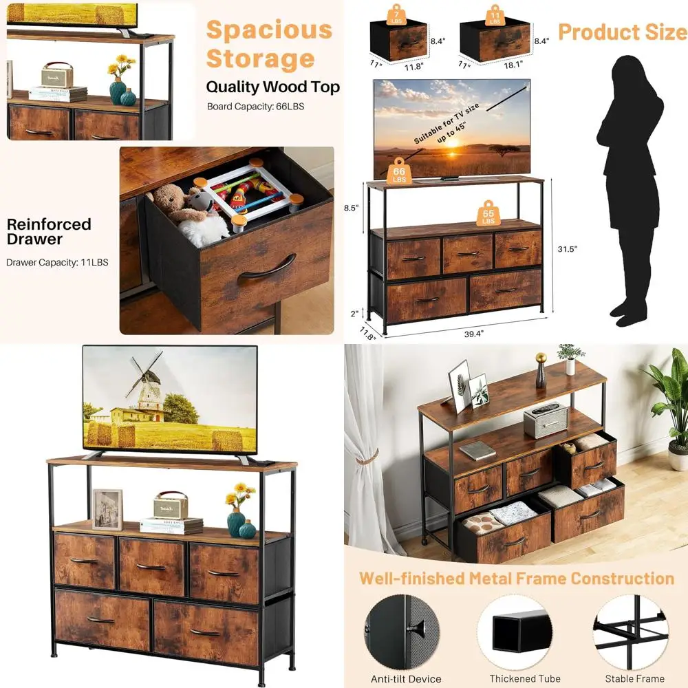 

45 TV Entertainment Center with 5 Fabric Drawers, Wooden Media Console for Living Room, Bedroom, or Office Storage