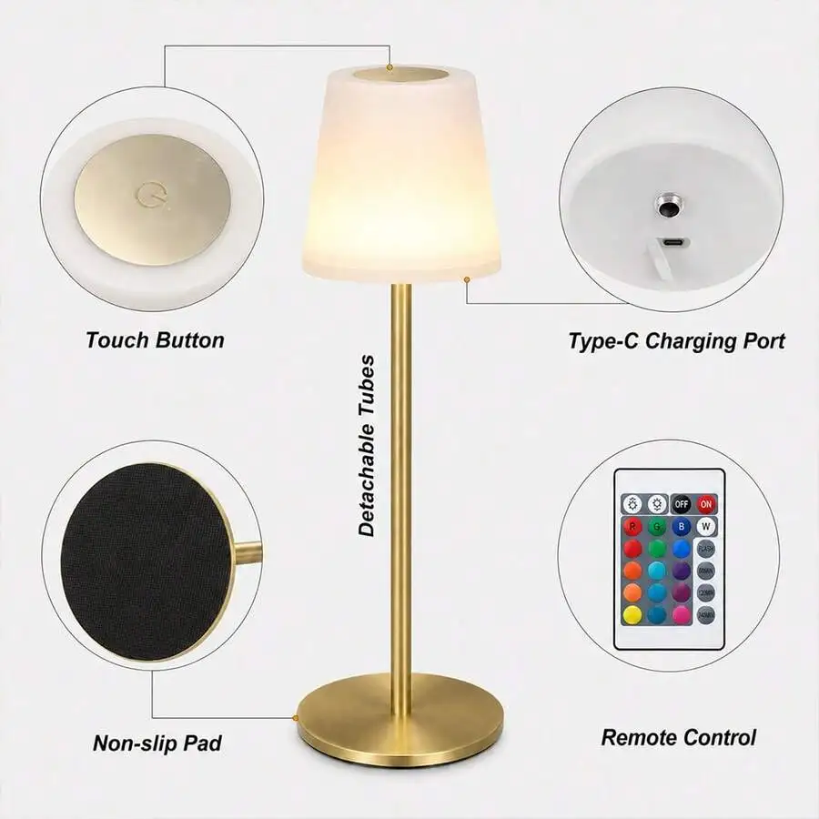 Wireless Touch-Controlled Charging Table Lamp, Available In Three Finishes: Gold, Black, And Wood Grain; Waterproof, Rechargeabl