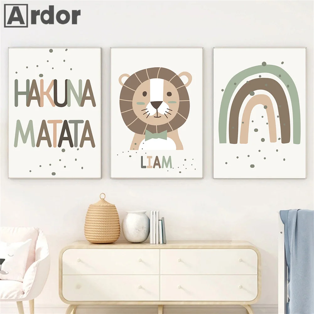 

Custom Name Prints Lion Rainbow Quotes Beige Nursery Posters Wall Art Canvas Painting Nordic Pictures Baby Kids Room Decor Gift