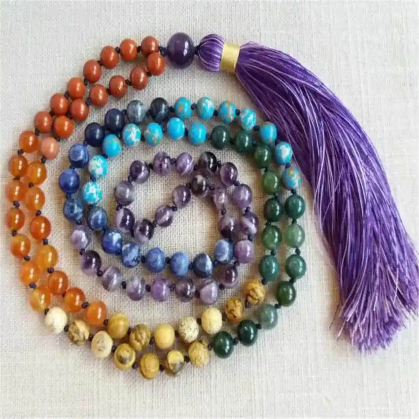 8Mm Natuurlijke Keizer Steen 108 Kralen Kwastjes Ketting Hout Chakra Kralen Edelsteen Bohemian Lariat Heilige Wear Mala Yoga