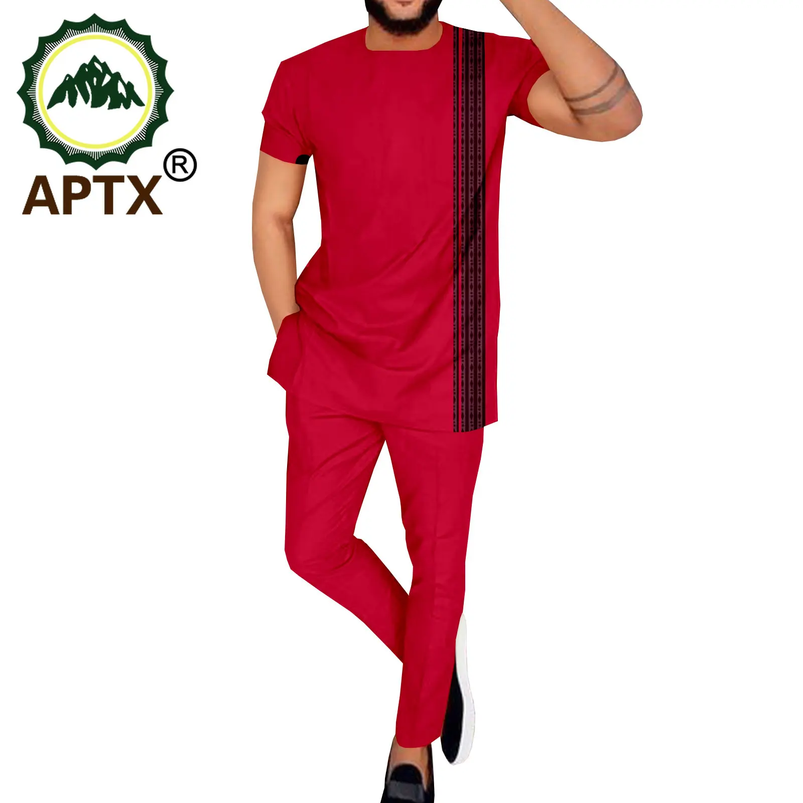 APTX Dashiki African Attire 2 Pieces Jacquard Set Short Sleeve Top+Full Length Pants Casual Suit TA2116020