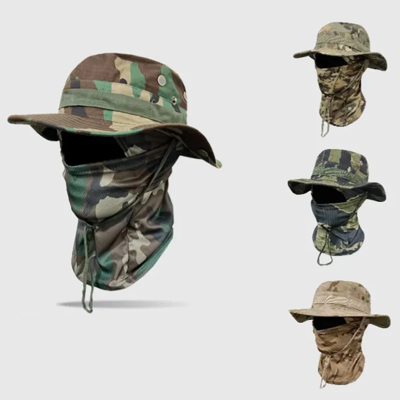 Camouflage Boonie Cap Balaclava Hat Suit Foldable  Quick-drying  Hat Outdoor Hunting Fishing Wide Brimmed Hat Sunscreen Caps