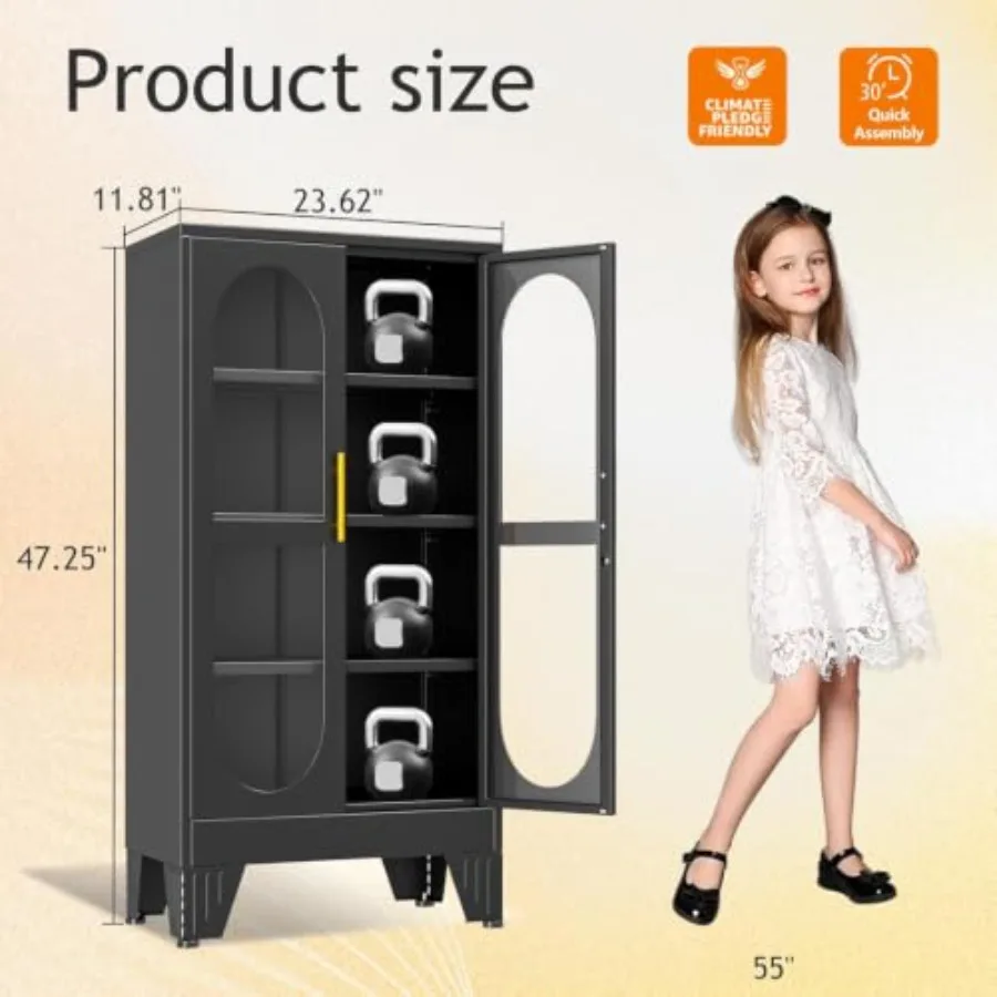 47 Tall Metal Curio Cabinet for Living Room, Black Steel, 4-Tier Locking Glass Display Case with 3 Adjustable Shelves, Ideal fo