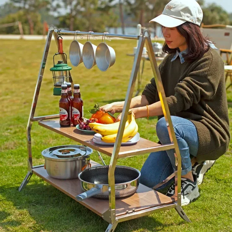 Camping Outdoor 2 Layer Tourist Folding Table Portable Multi-layer Shelf Outdoor Travel Camping Table Wild Journey