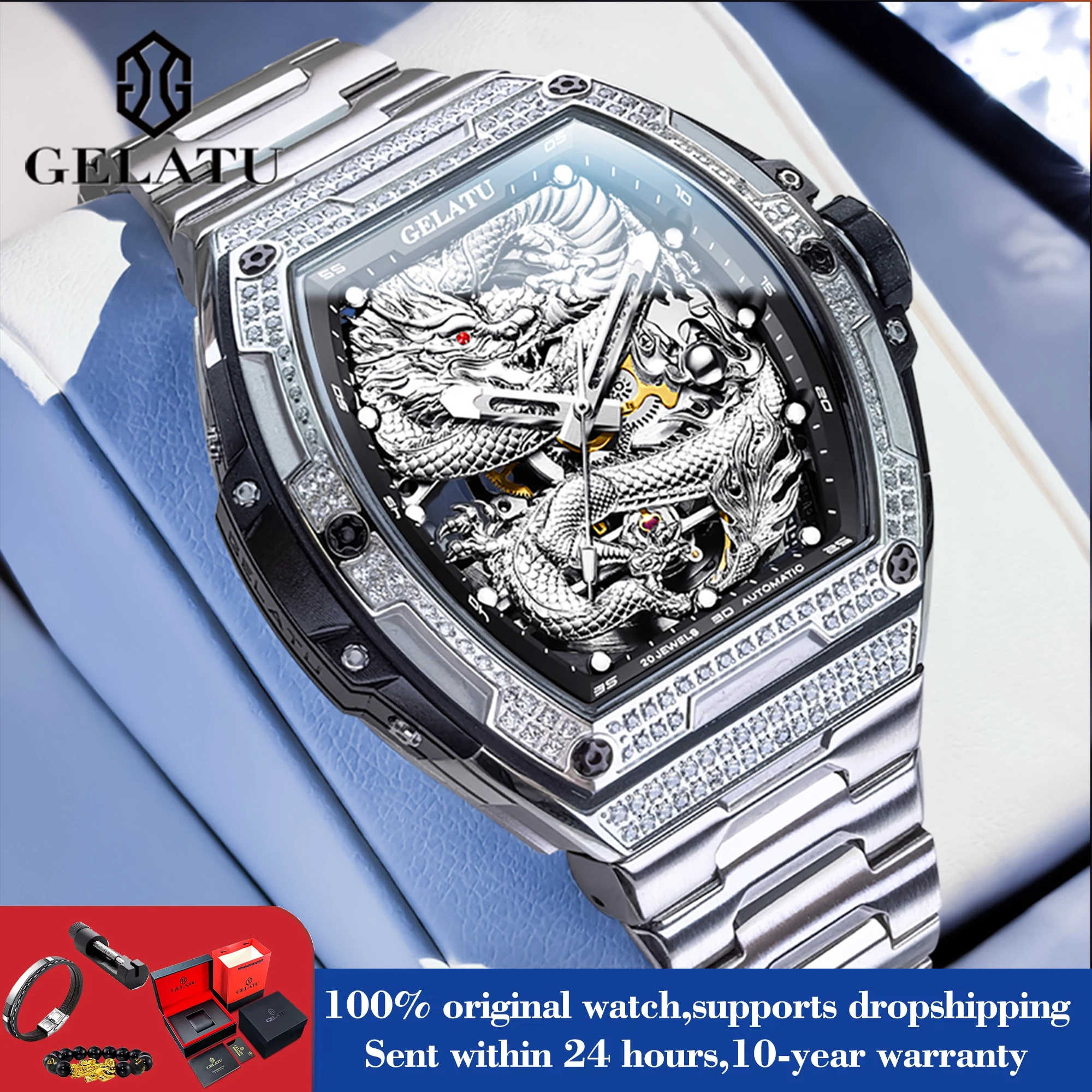 

Мужские часы GELATU Luxury Dragon Skeleton, автоматические механические, с бриллиантами, в корпусе «тонно», из нержавеющей стали, водонепроницаемые до 50 м, с люминесцентным покрытием