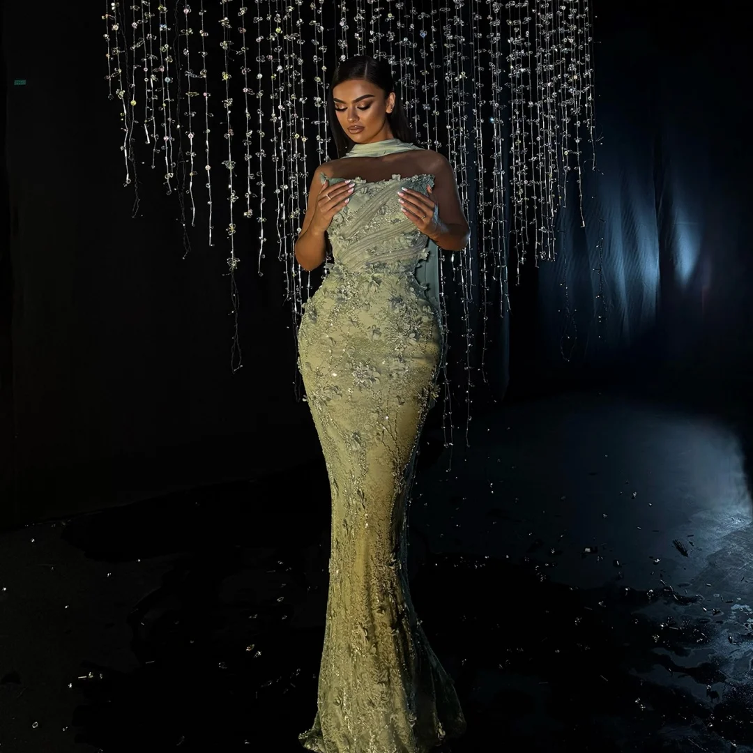 

Luxury Strapless Evening Dresses Lace Sequined Exquisite Prom Dress Floral Appliques Elegant Party Gown Gala Vestidos Customized