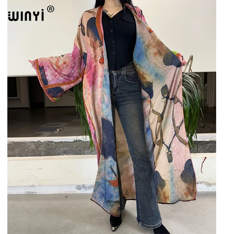 \WINYI autumn women’s long coat-f- retro printed long sleeved muslim abayas Beach Wear Boho Cardigan Holiday Long Sleeve Kimono