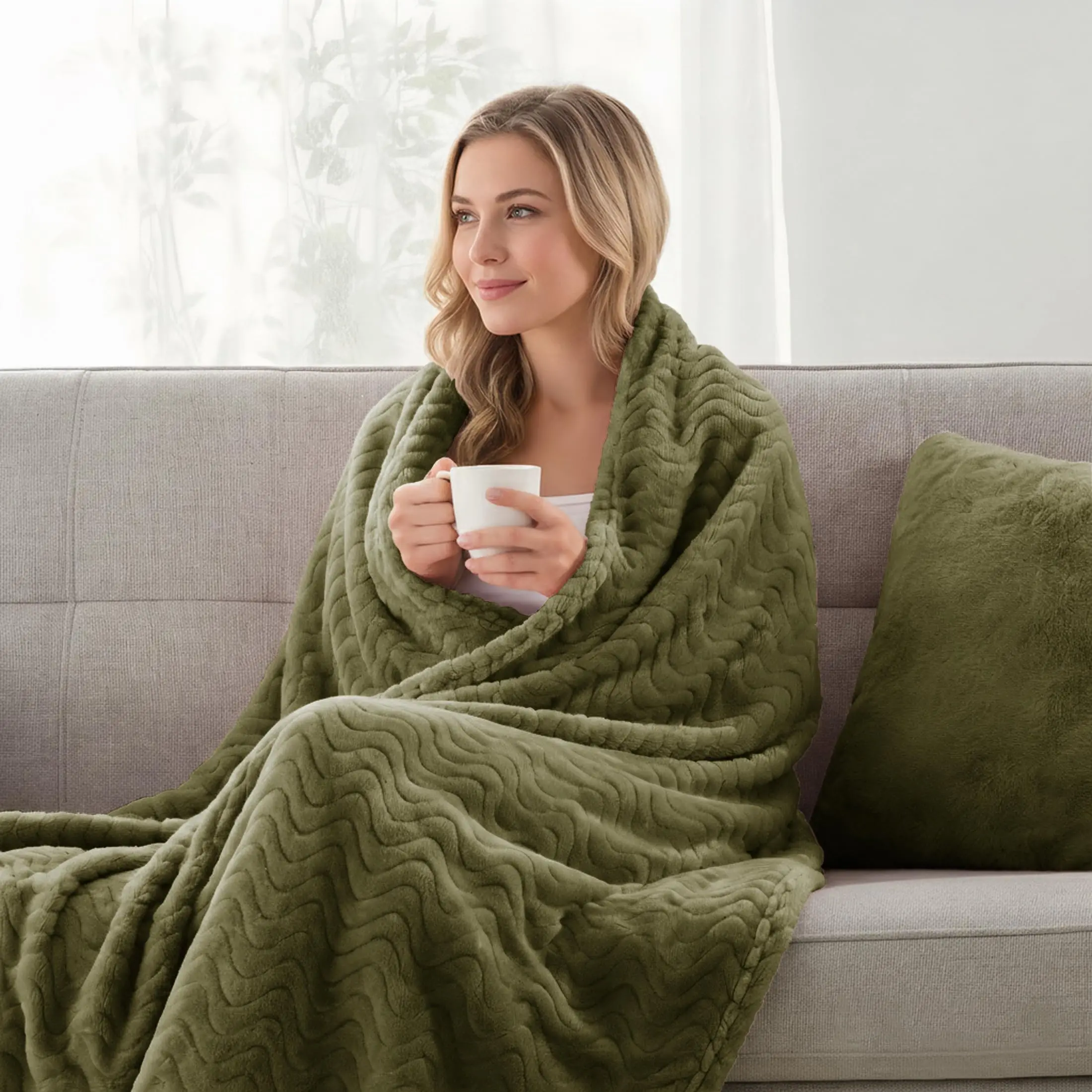 Olive Green Jacquard Wave Fleece Throw Blanket 50
