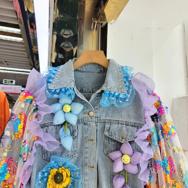 Luxury Spring Women 3D Flowers Beaded Denim Coat Loose Patchwork Mesh Sequins Jeans Bomber Jacket Gauze Cardigan Tops Streetwear