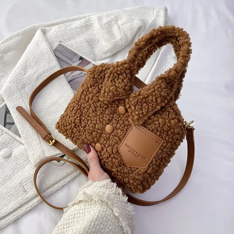 2023 Winter Warm Lamb Woolen Handbag Green Brown Women Bag Trend Zipper Jacket Bag Clothing Femme Leather Shoulder Crossbody Bag