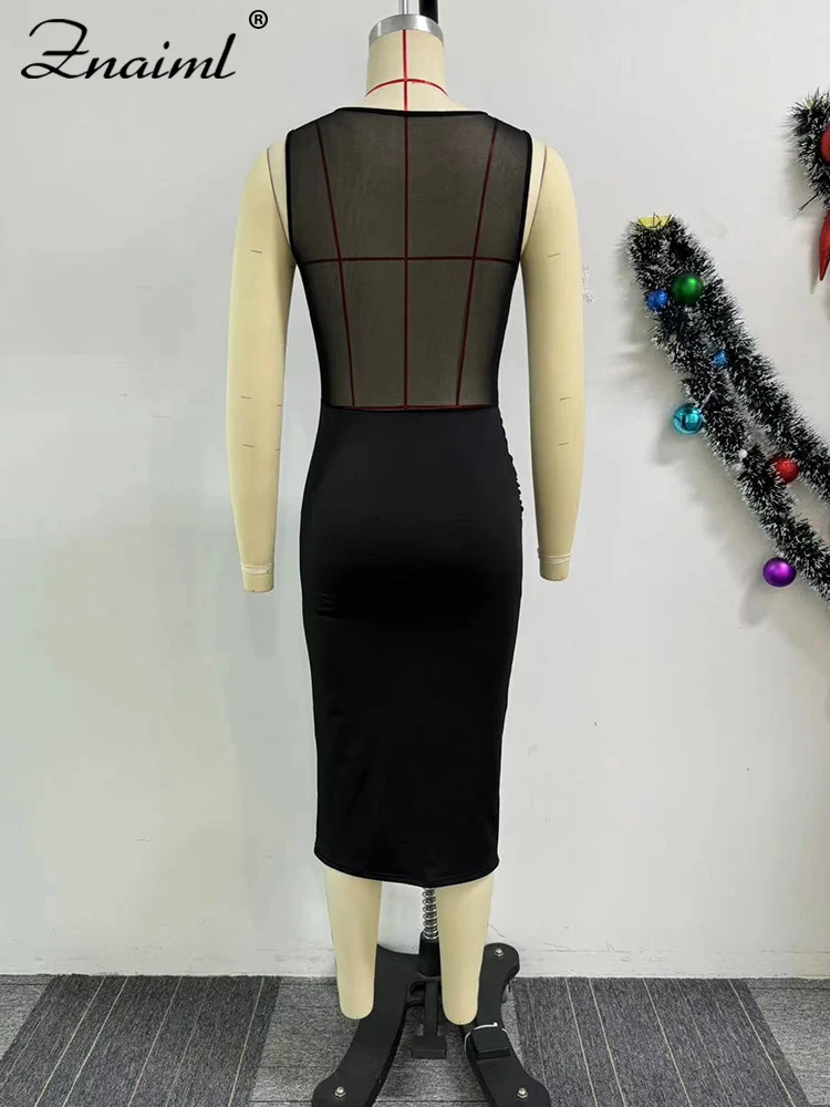 Znaiml-vestido transparente de malla para mujer, prenda Sexy de color negro con cuello redondo, sin mangas, a la moda, para fiesta de cumpleaños, Club nocturno y graduación