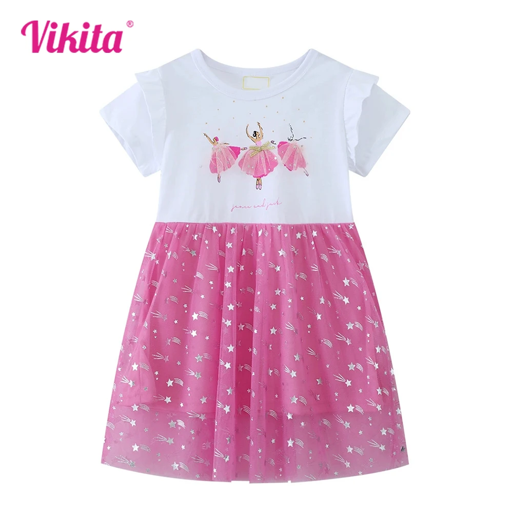 

VIKITA Girls Doll Print Cartoon Dress Kids Summer Short Sleeve Patchwork Pink Dress Toddlers Casual Daily Princess School Wear
